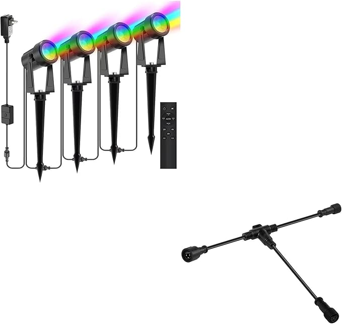 SUNTHIN 4 Pack RGB Color Changing Spot Uplights with Remote &amp 9.8FT T Shape Tee Extension Cord