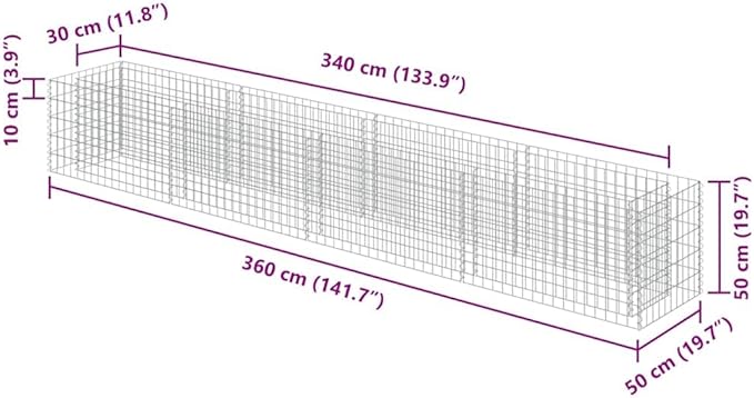 vidaXL Gabion Raised Bed Galvanised Steel 360x50x50cm Stone Basket Raised Bed