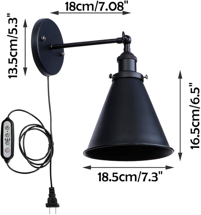 Hook Mounted Plant Light Full Spectrum 6000K 25W White Light Timing Plug in Cord Vintage Black Metal Wall Lamp for Indoor Plants Flowers Growing