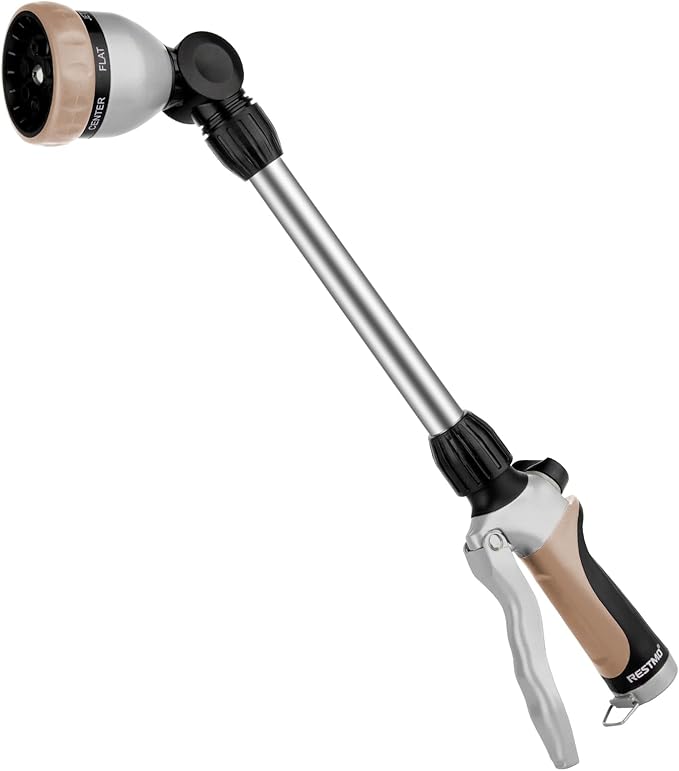RESTMO Metal Watering Wand Heavy Duty Garden Hose Wand with 180° Swivel Ratcheting Head 16'' Hose Nozzle Sprayer with 7 Spray Patterns and Flow Control for Water Hanging Baskets and Shrubs Gold