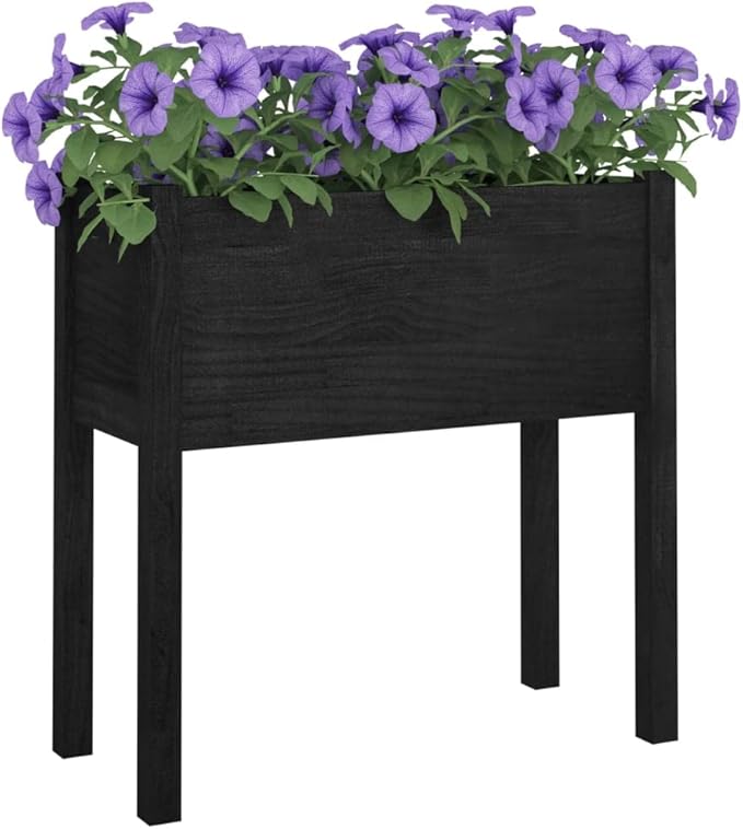 Rectangular Garden Planter Solid Pinewood Matte Black Finish 27.6 Outdoor Raised Garden Bed for Plants Patio Deck