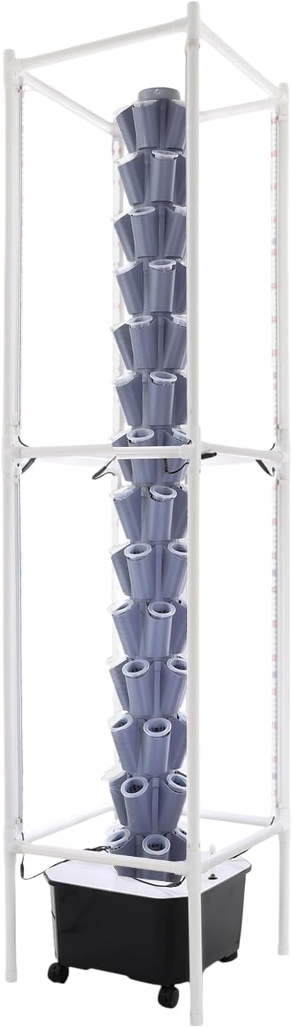 Hydroponics Tower | Vertical Planter Tower with 360° LED Grow Lights | 14 Layer 70 Plants Hydroponics Growing System Kit | Self-Watering Hydroponics System with Pump Adapter | 4 Wheels (Gray)