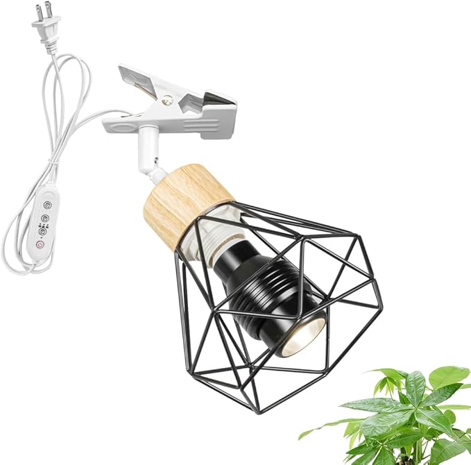 Clip Mount 5.9Ft Plug in Timing Cord Plant Light Full Spectrum 4500K 10W Wood Base Black Metal Hollow Cage Shade Adjusted Angle Vintage Clamp Light for Indoor Plants