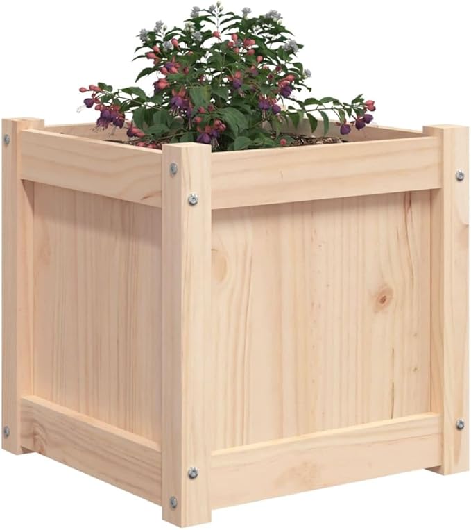 Garden Planter Set of 2 Natural Solid Pine Wood 15.7x15.7x15.7 inch Square Raised Garden Beds for Outdoor Plants Rustic Finish