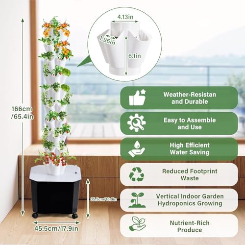 60 Plant Hydroponics Growing System Kit - 50L Large Capacity Hydroponic Tower with Timer Water Pump &amp Movable Tank for Indoor/Outdoor Vegetables Strawberries Lettuce