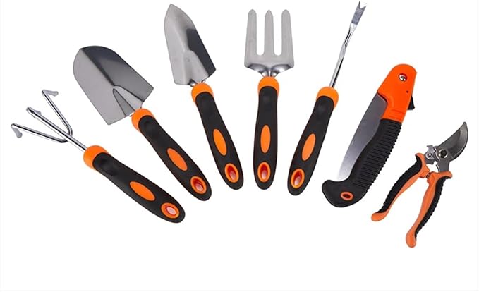 Stainless Steel Garden Tool Set with Shovel Rake Fork Root Extractor Scissors and Folding Saw