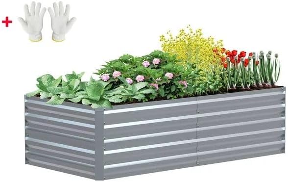 6x3x2ft Outdoor Metal Raised Garden Bed Planter Box for Vegetables Flowers Herbs w/ 3 Tomato Cages Siliver