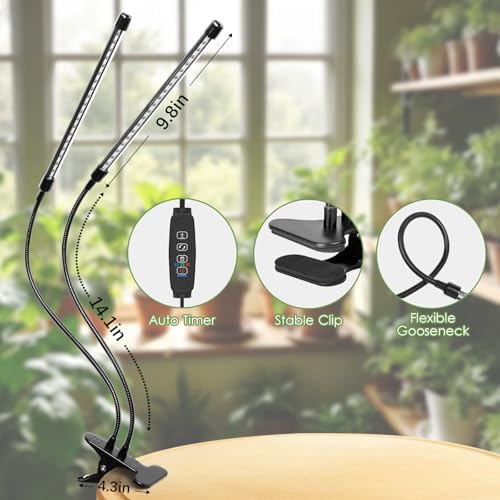 2-Head LED Grow Light for Indoor Plants Adjustable Clip-On Plant Lamp with 3 Light Modes &amp Timer (3/9/12H) - Flexible Gooseneck Design for Optimal Growth