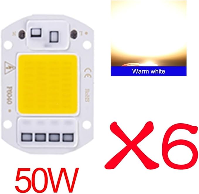 6PCS LED Chip AC 220V F6040 20W/30W/50W COB Lamp Bead Smart IC No Need Driver Outdoor Focus Spotlight Garden DIY Chip Lamp(6PCS 50W Warm White)