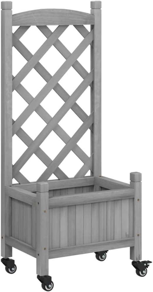 Grey Solid Fir Wood Planter with Trellis 11.8x15.7x38.4 in Rectangular Raised Garden Bed on Wheels Outdoor Indoor Planter Box for Climbing Plants