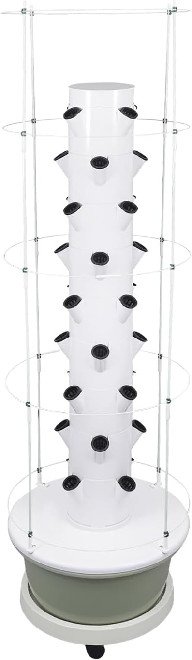 9-Tier Hydroponic Growing Tower 36-Plant Vertical Garden Kit with 7.92Gal Water Tank &amp Climbing Trellis Hydroponic Grow System Kit for Vegetable Strawberry Herb (White &amp Light Green)