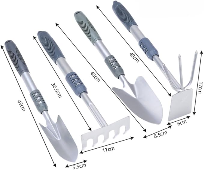 Garden Tool Set 4 PCS Heavy Duty Carbon Steel Gardening Tool Set with Non-Slip Rubber Grip Silver Rake Outdoor Hand Tools Set Beach Comb Tool Kit Gifts for Women and Men (Transplanter)