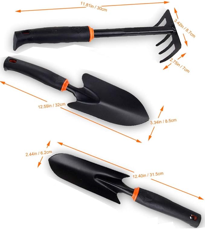 Garden Tool Set 3 Piece Durable Gardening Hand Tool Kit with TPR Handle (1 Trowel 1 Transplant and 1 Cultivator Hand Rake) Gift Set for Gardening Lovers - Black