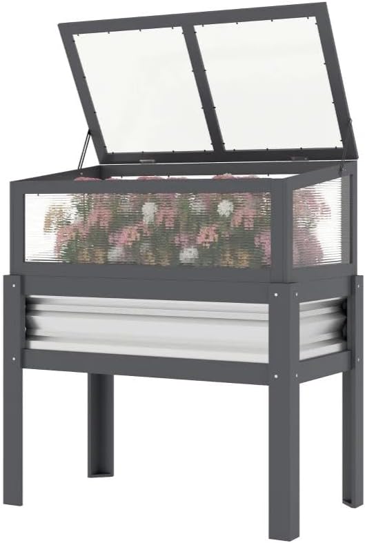 Elevated Raised Garden Bed with Flip-Up Mini Greenhouse Top – Wood Planter Box for Flowers Vegetables &amp Herbs – Weather-Resistant Outdoor Galvanized Metal Frame (Gray)