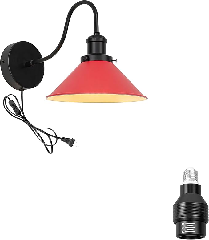Hook Mounted Plant Light Full Spectrum 4500K 10W Adjusted Light Beam Range 15°-60° Vintage Red Cone Shade Goose Neck Wall Lamp for Indoor Plants Flowers Growing