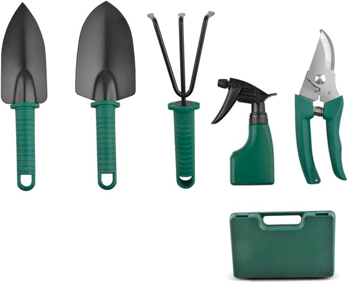Kisangel Garden Tool Set with Gardening Shovels and Pruning Scissors 5pcs Portable Hand Tools Kit with Carrying Case for Outdoor Planting and Flower Gardening