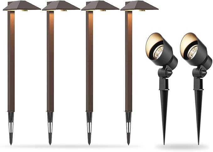 GOODSMANN 4PK Path Lights LED Low Voltage Landscape Lighting 0.6 Watt 22 Lumens Garden Lights with 2PK 3W 200 Lumens Spotlights Outdoor Lighting with Metal Stake and Connector