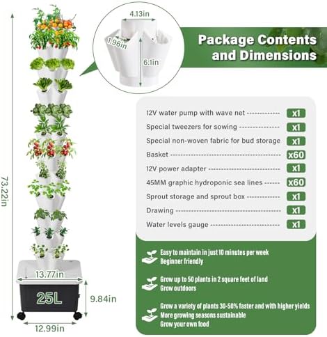 Hydroponics Growing Tower - Vertical Hydroponic System for Indoor and Outdoor Gardens 10-Layer Design with 50 Slots for Vegetables and Fruits Includes Silent Pump