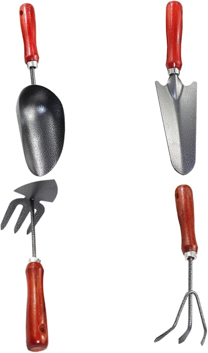 4pcs Gardening Tool Set with Small Metal Trowel Narrow Extended Shovel Three-Prong Rake and Dual-use Hoe for Planting and Weeding in Home Garden