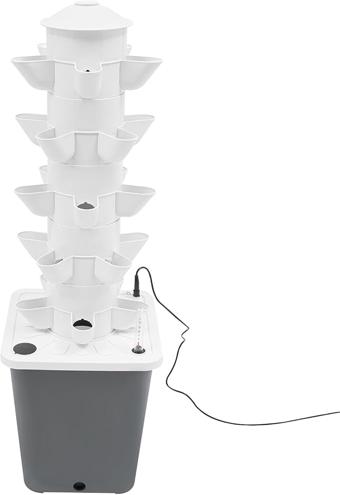 Hydroponic Tower Vertical Planter Tower Hydroponics Growing System Kit Food Grade Home Gardening Mechanism with 25 Pods (Grey)