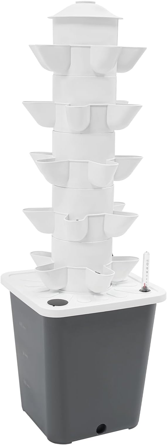 25 Plants Hydroponic Tower Hydroponics Growing System Vertical Garden Planter with Water Pump Plants Germination Kit for Indoor Herbs Vegetables Fruits (Grey)