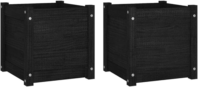Black Solid Pinewood Planter Set of 2 15.7x15.7x15.7 inch Square Raised Garden Bed Outdoor Planters for Deck Patio and Balcony Durable Wood Construction