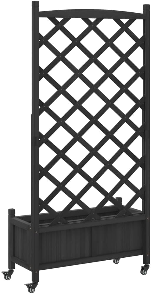 Raised Garden Bed with Trellis and Wheels Black Solid Fir Wood Planter Box for Outdoor Garden Patio Elevated Planter with Drainage for Climbing Plants Flowers Vegetables and More