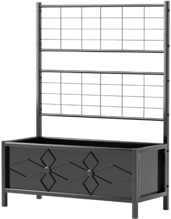 Galvanized Steel Raised Garden Bed with Trellis Support for Climbing Plants – Durable Outdoor Planter Box for Vegetables and Flowers (Black + Steel)