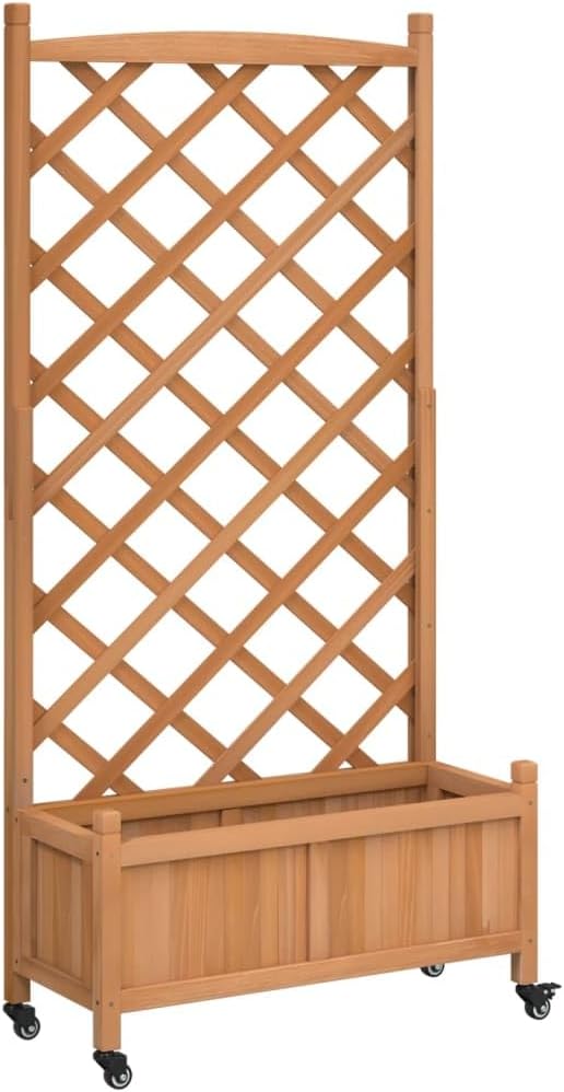 Raised Garden Bed Planter with Trellis and Wheels Brown Solid Fir Wood Outdoor Planter Box for Climbing Plants and Vegetables with Drainage and Ventilation