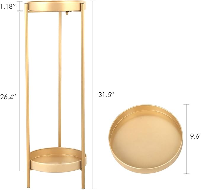 Folding Metal 2 Tier Plant Stand Potted Plant Holder Shelf with 2 Round Trays Indoor Outdoor Versatile Golden