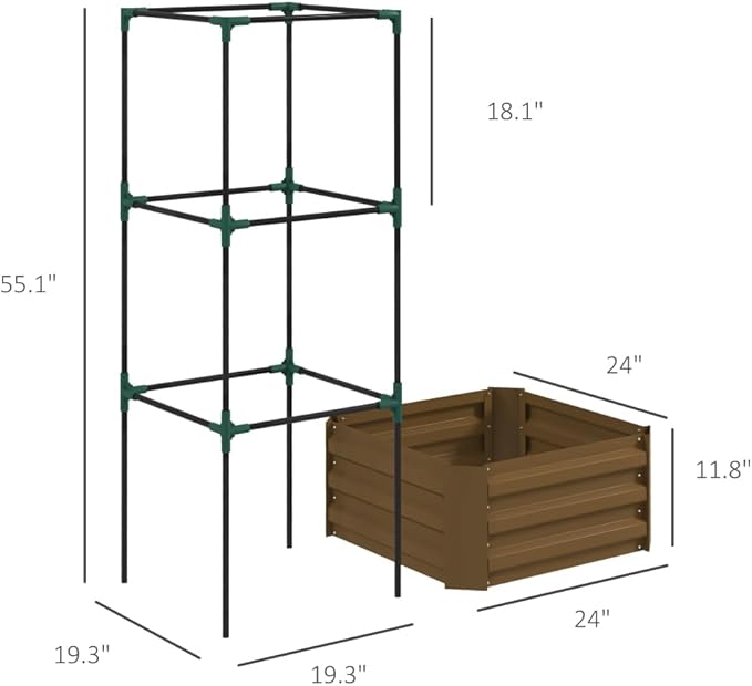 Heavy-Duty Galvanized Steel Raised Garden Bed with Built-in Trellis Support for Climbing Plants and Vegetables (Brown + Steel)