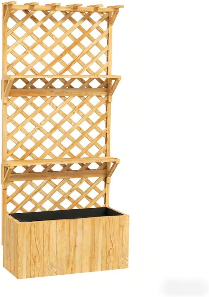 Wooden PlanterRaised Garden Bedwith Trellis Hanging Roof Plant Shelf Drainage Holes and Bed Liner