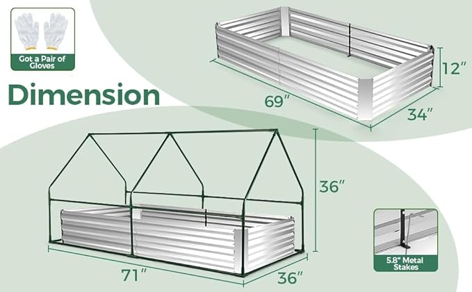 6x3x3ft Galvanized Raised Garden Bed with Cover Extra-Thick Metal Planter Box Kit w/ 2 Roll-Up Large Screen Windows Mini Greenhouse &amp1 Pair of Gloves for Growing Vegetables Fruits Flower Clear