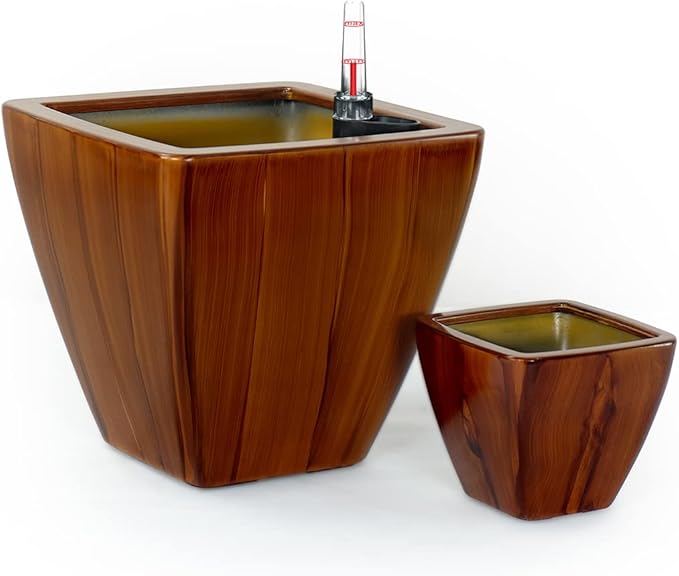 Generic 2 Pack Smart Self Watering Planter Pot for Indoor and Outdoor Dark Wood Square Cone