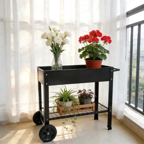 Black Mobile Metal Raised Garden Bed Cart with Legs w/Lockable Wheels Storage Shelf Elevated Tall Planter Box Elevated Raised Planter Bed for Outdoor Indoors Patio Backyard Vegetables DIY Herb Grow