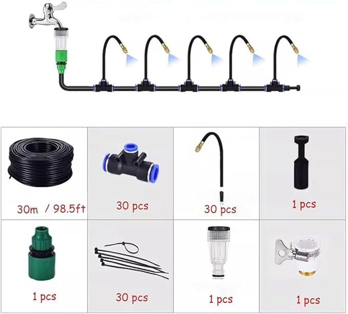 Quick-Connect Garden Drip Irrigation Kit Adjustable Bendable Nozzle Automatic Watering Sprayer Sprinklers for Greenhouse Lawn Potted Plants(30m/98.5ft)