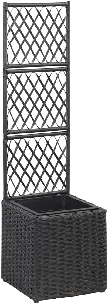 Trellis Raised Bed Poly Rattan with 1 Pot Black Planter Box with Trellis Free Standing Garden Raised Bed for Flower Climbing and Hanging Plants 11.8x11.8x42.1