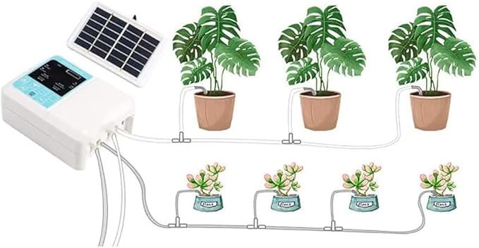 Double Pump Automatic Watering Device Solar Automatic Drip Irrigation Kit with Electronic Water Timer: Self-Watering System for 20 Potted Plants