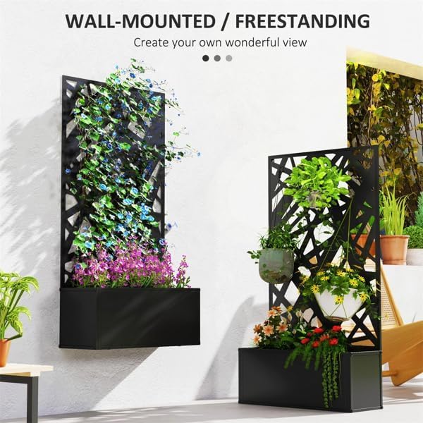Metal Raised Garden Bed with Trellis Galvanized Planter Metal Planter Box with Trellis 24 L x 9.1 W x 44.5 H (Diamond Check)