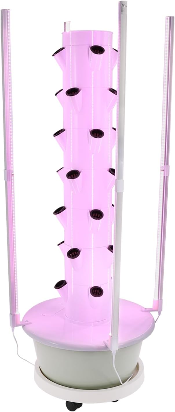 Hydroponics Growing Tower 20 W 28-Plant Vertical Garden Planter Indoor Smart Garden Kit 7-Tier Planter Germination Kit with Loop Timer &amp Wheels for Flowers Vegetables（White &amp Light Green）