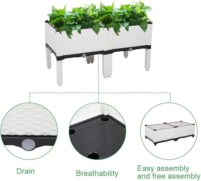 Elevated Planters Raised Garden Beds Plastic Vegetables Plant Raised Bed Kits Set of 2 Flowers Vegetables Growing Box with Legs &amp Drainage Holes for Garden Patio Balcony Restaurant White