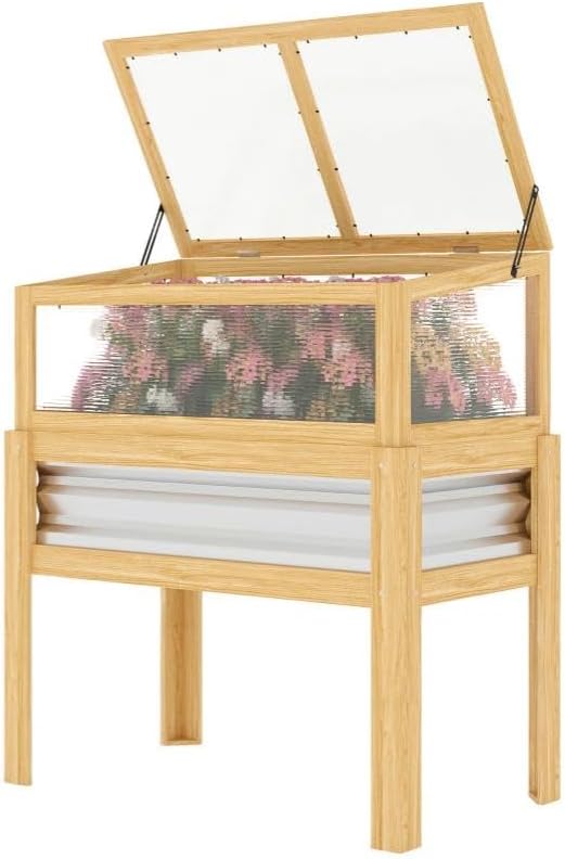 Elevated Raised Garden Bed with Flip-Up Mini Greenhouse Top – Wood Planter Box for Flowers Vegetables &amp Herbs – Weather-Resistant Outdoor Galvanized Metal Frame (Natural Wood)