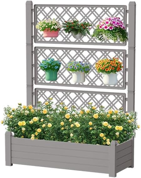 Raised Garden Bed with Trellis for Climbing Plants Outdoor Planter Box with Drainage Eco-Friendly Material for Patio Balcony Yard Dust-Resistant (Gray43.43 * 18.27 * 59.29)