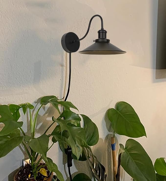 2-Pack Hook Type Wall Mounted Plant Light Full Spectrum White Light 6000K 25W Bulb Vintage Black Gooseneck Plug in Cord Timing Wall Lamp for Indoor Growing Plants