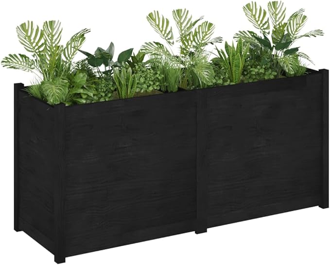 Large Rectangular Garden Planter Solid Pinewood Matte Black Finish Durable Outdoor Raised Garden Bed for Flowers Herbs Vegetables