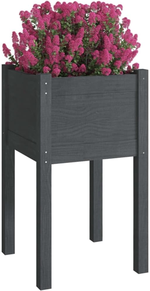 Raised Garden Bed 15.7x15.7x27.6 Solid Pinewood Planter Box Matte Grey Outdoor Patio Elevated Planter for Herbs Vegetables Flower