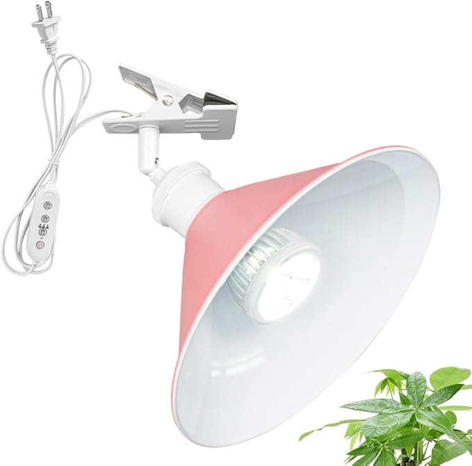 Clip Mount 5.9Ft Plug in Timing Cord Plant Light Full Spectrum White Light White Base Pink Metal Shade Adjusted Angle Simple Clamp Light for Indoor Plants