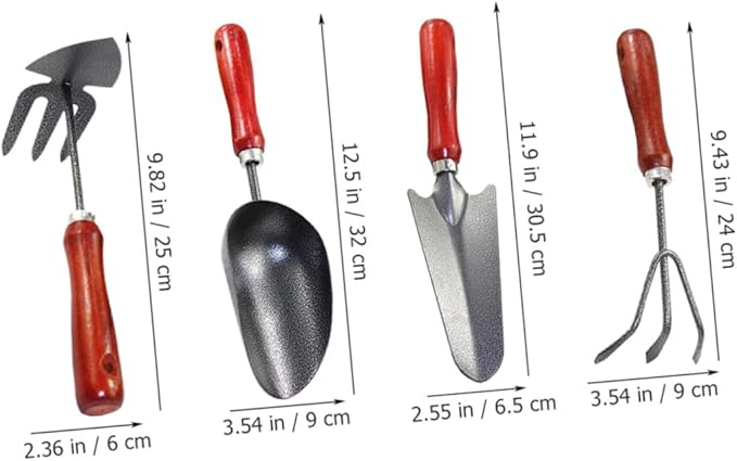 Totority Garden Tool Set 4pcs Small Hand Trowel Garden Spade with Narrow Shovel 3-Prong Rake Dual-use Hoe Soil Scoop for Flower Planting and Vegetable Gardening