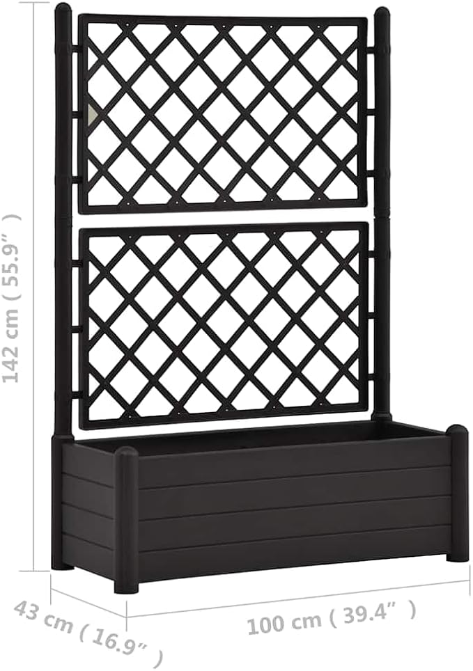 Garden Planter with Trellis Anthracite PP 90L Capacity Rectangular Raised Garden Bed for Outdoor Plants 39.4x16.9x55.9 in