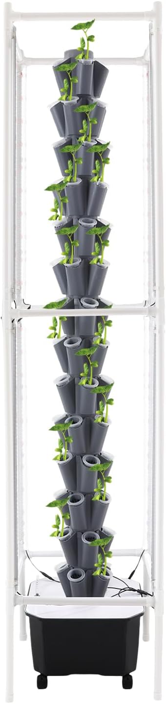 Hydroponics Tower | Vertical Planter Tower with 360° LED Grow Lights | 14 Layer 70 Plants Hydroponics Growing System Kit | Self-Watering Hydroponics System with Pump Adapter | 4 Wheels (Gray)